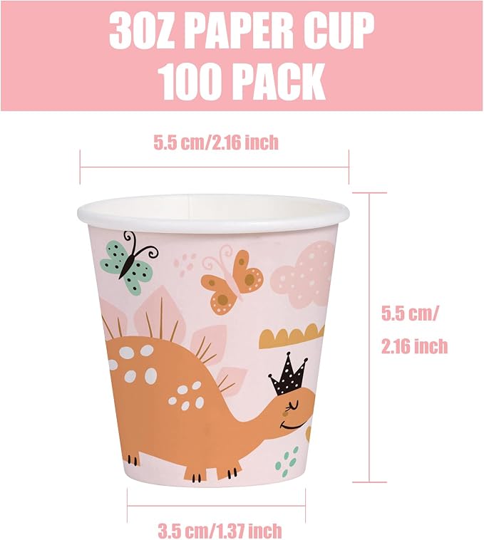 WRAPAHOLIC 3oz Dinosaur Birthday Paper Cups - 100 Pack Disposable Bathroom Cups with Baby Dinosaur 4 Design, Small Mouthwash Cup for Toothbrush Rinse, Home Bathroom and Baby Girl Shower