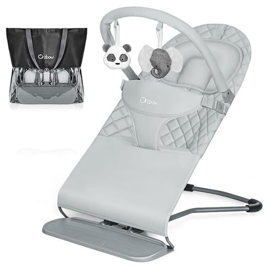 Orzbow Baby Bouncer Seat, Portable Infant Chair, 0-18 Months, Up to 20 Ibs | Foldable & Lightweight, Ergonomic 3-Positions Recline for Baby's Comfort, Removable Play Bar, Storage Bag, ASTM Certified