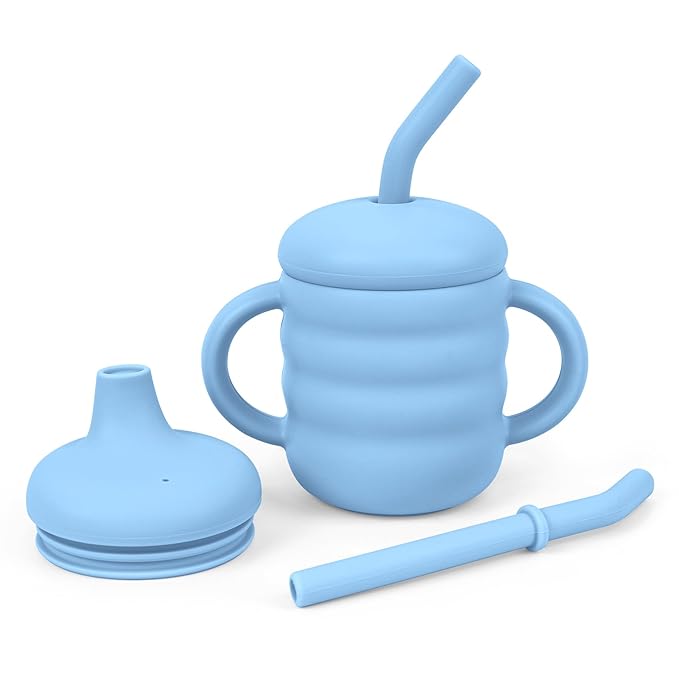 Vaanshie Silicone Baby Sippy Cups | Straw Cup Baby | Toddler Cup with Straw | 3 Stages Training Cup for Infants Toddlers and Kid, 5.4 oz (Blue)