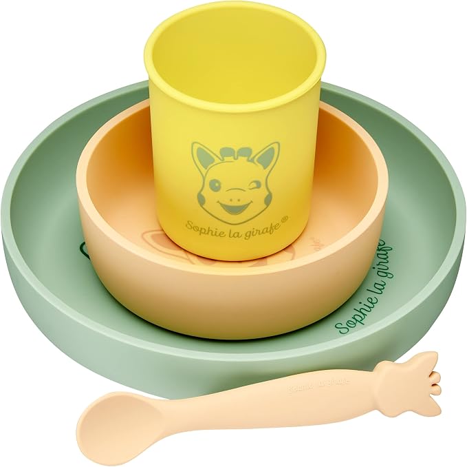 Sophie la girafe Silicone Baby Feeding Set, Includes Plate, Bowl, Cup, and Spoon, Dishwasher and Microwave Safe