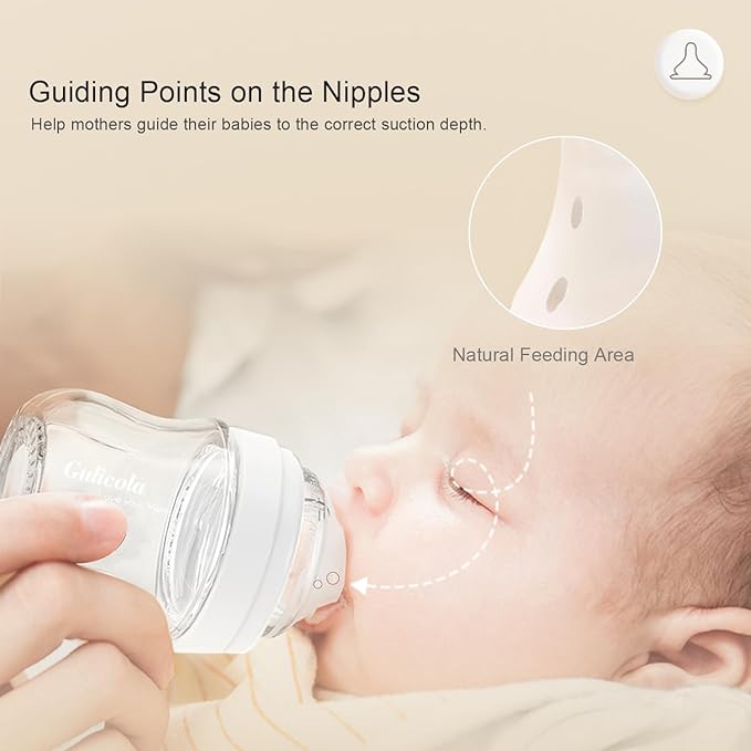 Gulicola Natural Glass Baby Bottle for Breastfeeding Babies, Newborn Anti-Colic Bottle Set with Slow Flow Nipple, 0-3 Months, 5 oz, 2 Pack - White