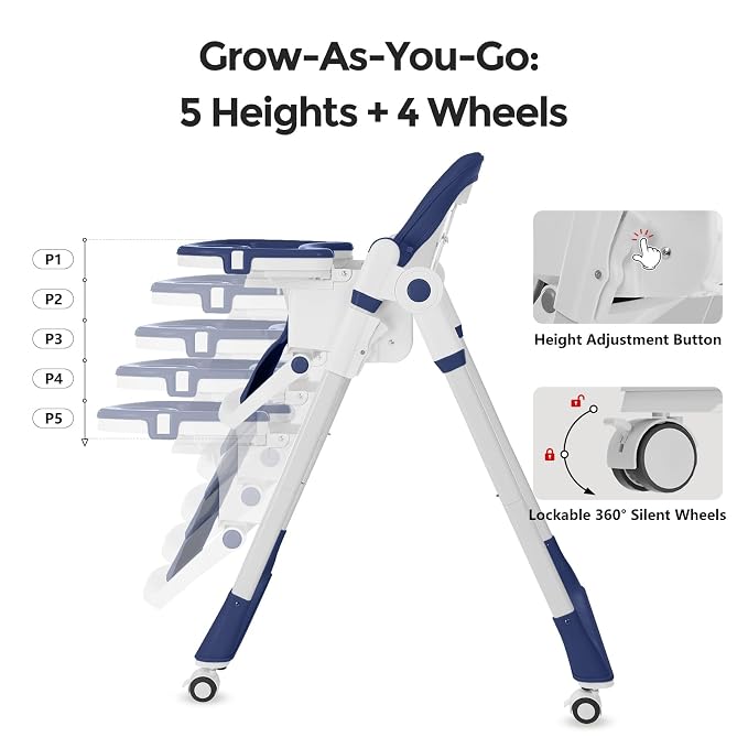 Cochildor 3-in-1 Foldable High Chair for Babies & Toddlers – Adjustable Height, Reclining Seat, 5-Point Safety Harness, Removable Tray, Lockable Wheels, Washable Cushion – Portable & Easy Clean, Blue