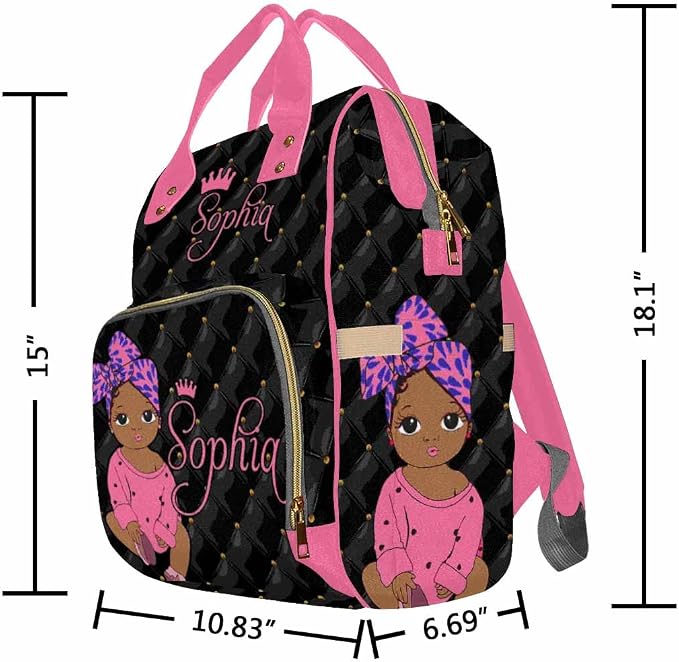 InterestPrint Custom Name Diaper Bag - Personalized Cute Pink Princess Nappy Bag - Customized Diapering Backpack for Casual Daypack Travel, Hiking, Camping, Work