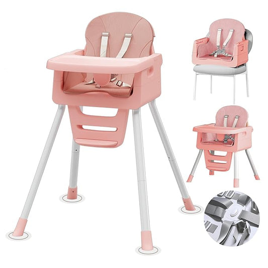 3-in-1 Baby Feeding High Chair with Tray 5 Point Harness Booster Seat Infant Ergonomic Sit Up High Chair Babies and Toddlers Safety Seats Convertible Comfortable Toddler Chair Pink