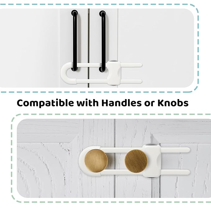 Baby Proofing Cabinets, Sliding Cabinet Locks for Babies, Adjustable U Shaped Baby Safety Locks, Childproof Cabinet Latch for Kitchen, Bathroom, Drawer, Cupboard Doors Knobs & Handles (10Pack White)