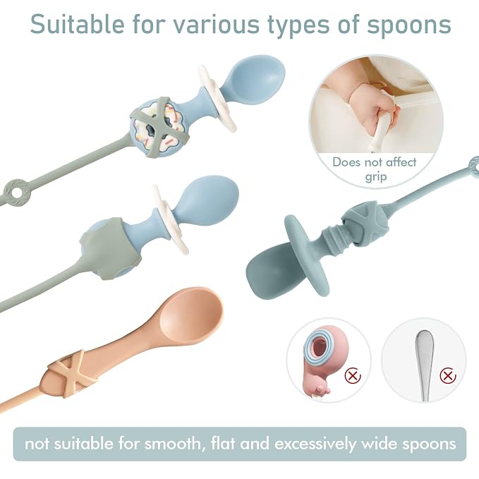 Baby Spoons Self Feeding 6 Month,Toddler Utensils Holder Strap Food Grade Silicone Keep Fork and Spoon Off The Floor Great for Kids,Hook On High Chair（Blue）