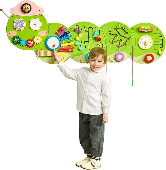 VEVOR Caterpillar Activity Wall Busy Board Wall, 12 Wall Activities Board, Montessori Sensory Wall Panel for Kids 3-12 Years, Sensory Wall Activity Board, Ideal for Toddler Playroom Nursery Classroom