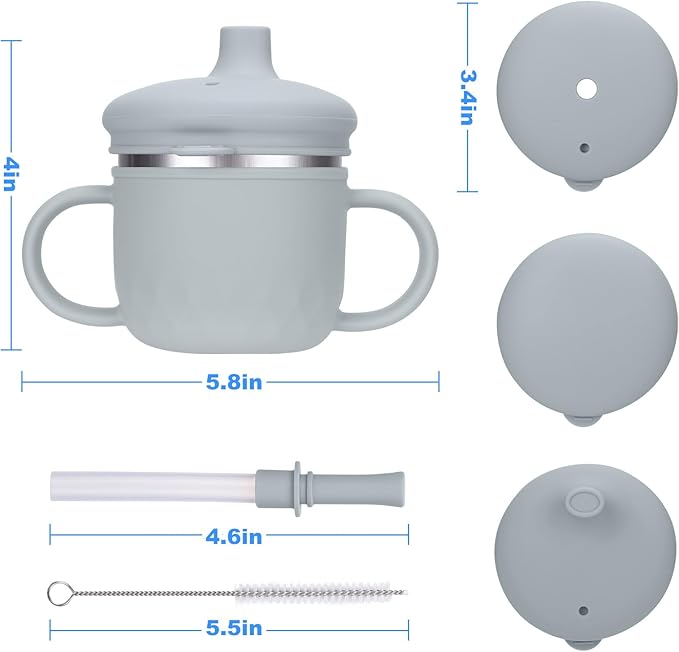 BUSOHA Stainless Steel Toddler Sippy Cup ??8oz Spill-Proof Straw Cup for 6+ Month Babies & Toddlers, 3-in-1 Reusable Travel Cup with Brush ??Dishwasher Safe, Kids Drinking Cup,Grey