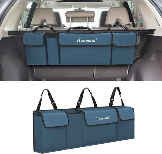 Car Trunk Organizer and Storage, Backseat Hanging Organizer for SUV, Truck, MPV, Waterproof, Collapsible Cargo Storage Bag with 4 Pockets, Car Accessories for Men and Women (Blue)