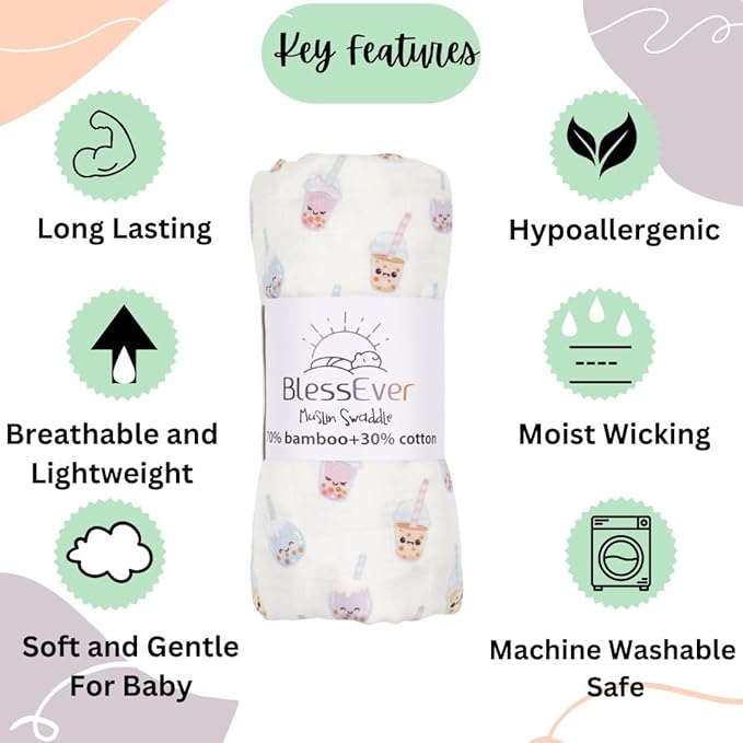 Muslin Swaddle Blanket for Unisex, Soft Breathable and Skin-Friendly Baby Swaddles for Boys & Girls, Newborn Receiving Blanket, Boba Blankets Babies, Large 42 x 47 inches