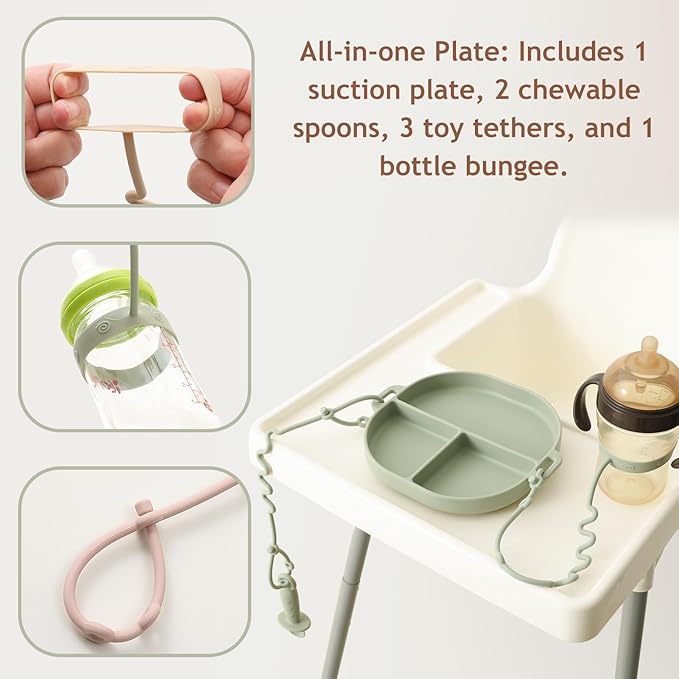 Andy Bear Silicone Plates for Babies with Suction Divided Baby Spoons Silicone Baby Toy Straps All-in-one Plates Silicone Placemat for Babies Toddlers Attachable Tethers & Built-in Suction Cups-Ivory
