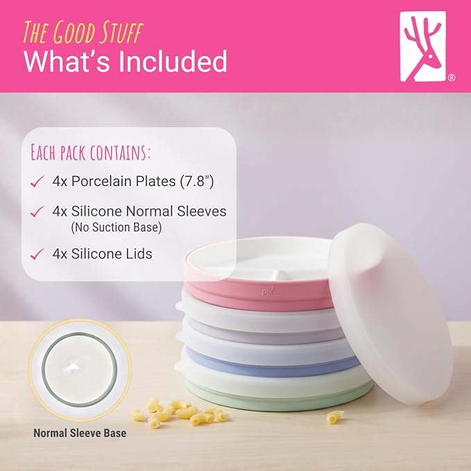 Elk and Friends Kids 7.8” Porcelain White Plates with Silicone Sleeves + Lids | Divided Plates | Suitable for Kids/Toddlers | Microwave & Dishwasher Safe | Non Slip | Snack Dishes…