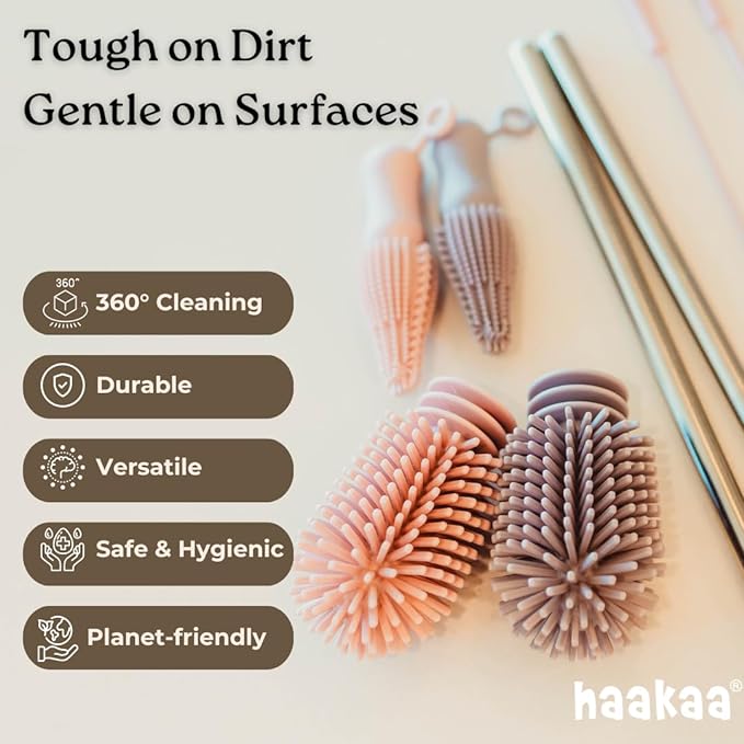 Haakaa Silicone Cleaning Brush Kit ??Household Cleaning Brushes for Bottles and Crevices ??Food-Grade Silicone: Dishwasher Safe (Brush-Mist Blue)