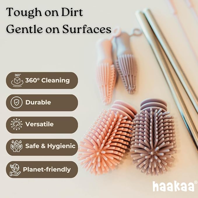 Haakaa Silicone Cleaning Brush Kit ??Household Cleaning Brushes for Bottles and Crevices ??Food-Grade Silicone: Dishwasher Safe (Brush-Grey)