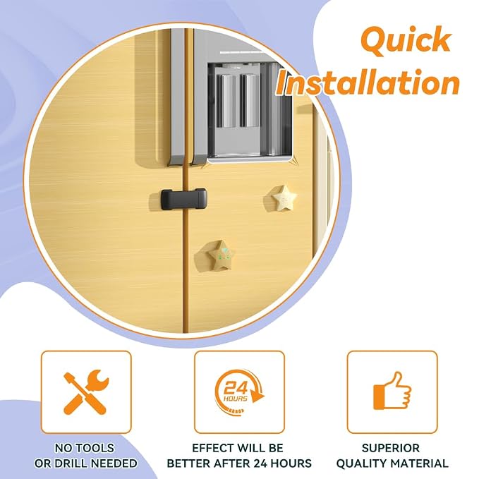 SAFELON 2 Pcs Baby Safety French Fridge Door Lock, Childproof Double Door Refrigerator Lock, Cabinet Cupboard Lock for Toddlers & Babies, Easy to Install (Black)