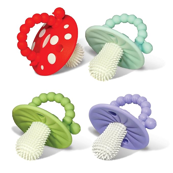 RaZbaby Soft Silicone Infant & Baby 3M+ Teether Toy Massaging Bristles Teething Relief Pacifier - Soothes Sore Gums - Hands-Free & Easy-to-Hold Chompy Teether, BPA Free (Lavender/Green/RED/Blue)