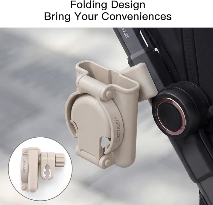 Gromast 2 in 1 Foldable Stroller Cup Holder + Phone Holder, 360°Rotatable with Adjustable Clip, Universal Cup Holder for Baby Stroller, Tricycle - Khaki