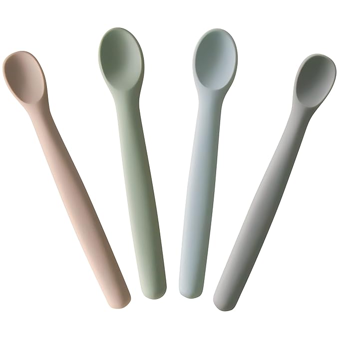 Moonkie Silicone Baby Spoons Set of 4, Toddler Spoons for Self Feeding 6 Months, Two Sizes Feeding Spoons for First Stage 4+ Months, Baby Utensils, Bendable, Chewproof & Boil-proof (Without Case)