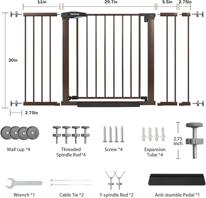 Mumeasy Baby Gate Extra Wide, 29.7-51'' Pressure Mounted Dog Gate with Walk Thru Door, Auto Close Pet Gate for House, Stairs, Doorways,Brown