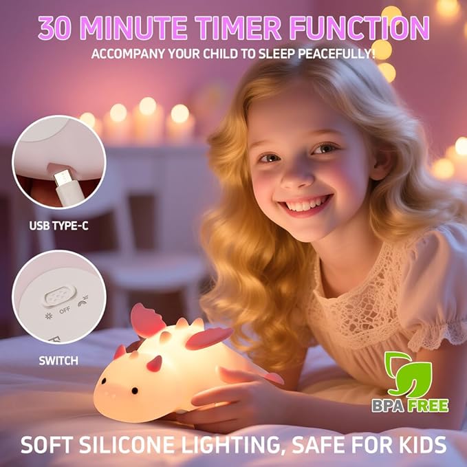 Dinosaur Night Light for Kids, Magnetic Baby Night Lights Plug Into Wall, Silicone Night Lamp Rechargeable, Night Light for Breastfeeding, 3 Dimming with 7 Colors Touch Lamp for Nursery Decor (Blue)