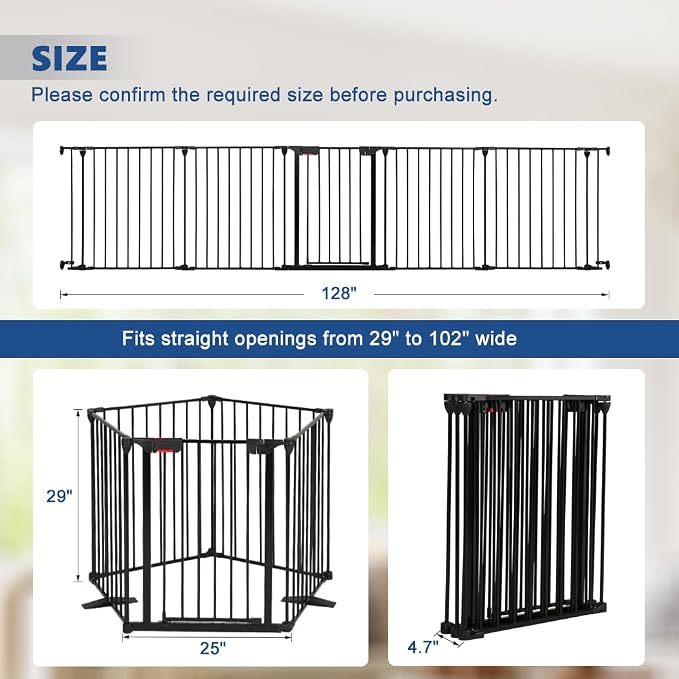 AGESISI Freestanding Dog Gates with Door Walk Through, Extra Wide Doggy Door 125" W x 29" H Pet Gate Safty 5 Panels Dog Fence for Stairs, Doorways