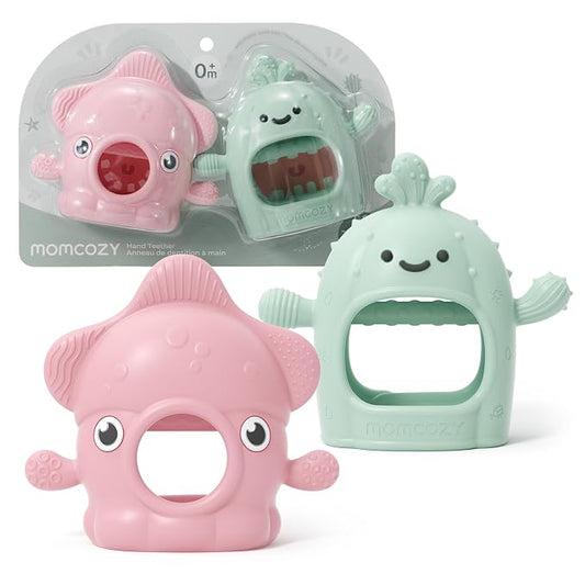 Momcozy 2 Pack Baby Teething Toys, Food Grade Silicone Baby Teether for 0-6 6-12 Months, Anti-Drop Wrist Mitten Set, Baby Essentials Teething Relief, 200°C Sterilizer Safe， Pink & Mint Green