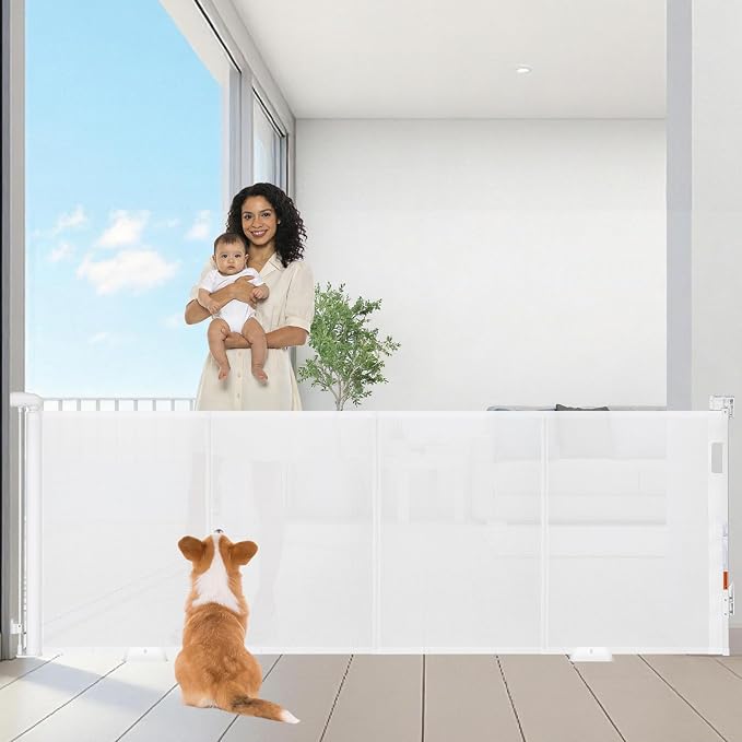 Reinforced 98" Wide Retractable Gate with Reinforced Strips, Indoor/Outdoor Retractable Dog Gate for Doorway Prevent Bottom Drilling Through, Safety Mesh Gate, White