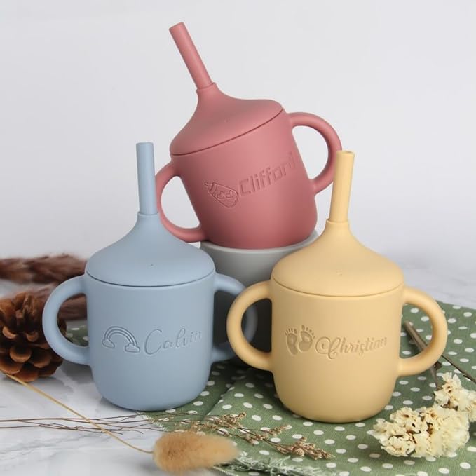 Customized Name Baby Silicone Straw Cup Food Grade Toddler Training Container Silicone Baby Cup With Straw And Lid 5 Styles To Mix And Match Best Gift For Newborns (B)