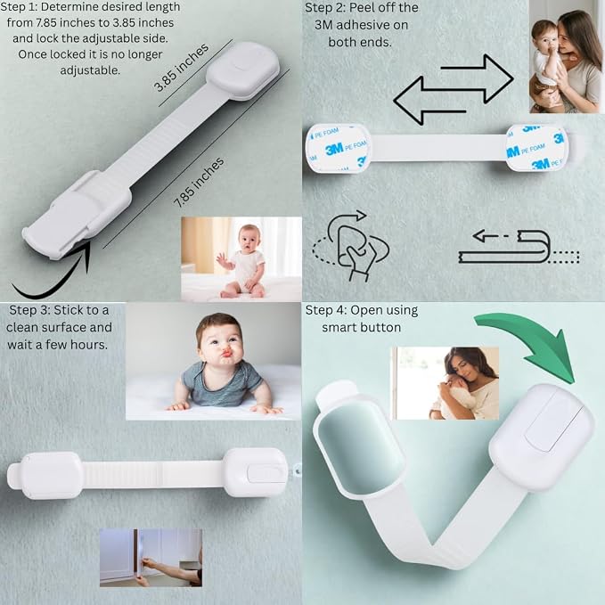 Child Safety Cabinet Locks (8 Pack) – Adjustable Baby Proofing Strap Latches with Strong 3M Adhesive – No Drill Childproof Locks for Drawers, Cabinets, Fridge, Door, Closet, White