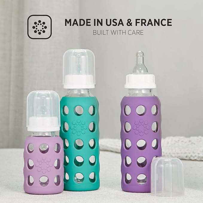 Lifefactory 9-Ounce Glass Baby Bottle with Stage 2 Nipple and Protective Silicone Sleeve Raspberry