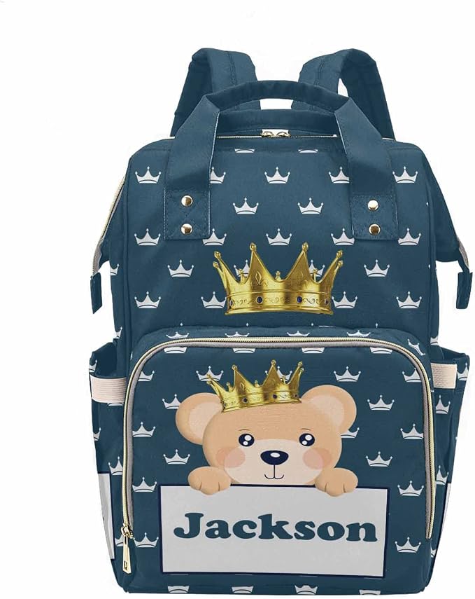 M YESCUSTOM Diaper Bag Custom Name Personalized Crown Diaper Bag with Cartoon Prince Bear Suits for Women Travel Outdoor Use Dark Blue