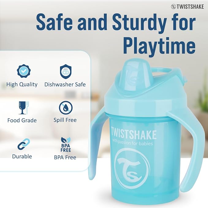Twistshake Non-Spill Mini Baby Sippy Cup with Soft Spout and Fruit Mixer - 230ml | Leak Proof Baby Weaning Cup | Easy-Grip Toddler Cups | BPA-Free Sippy Cups for Toddlers | Pastel Blue- 1 Count