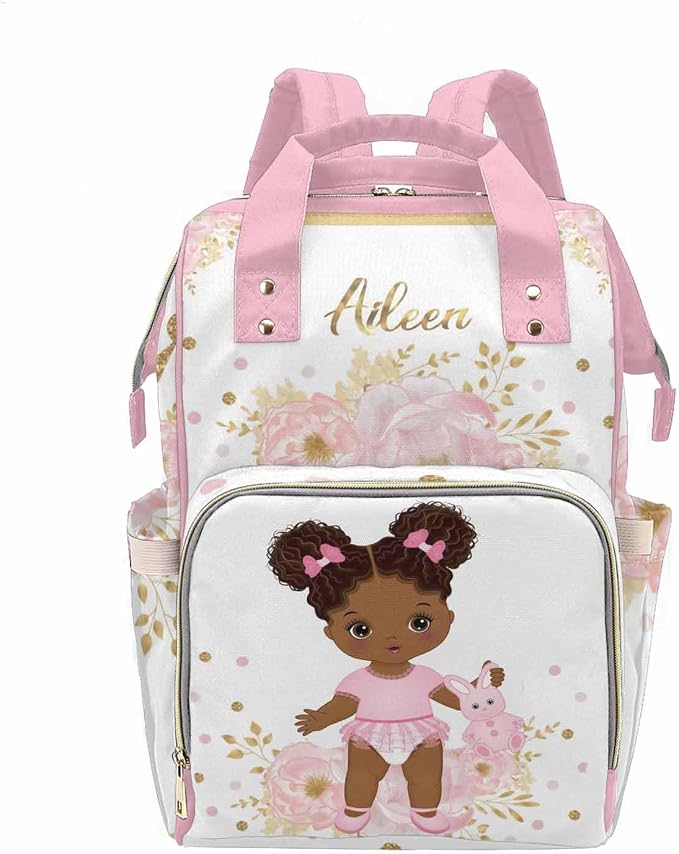 M YESCUSTOM Customized Diaper Bag Backpack with Name Personalized Pink Flower Mommy Bag for Mom Dad Unisex Multi Function Bag
