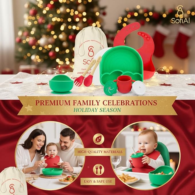 All In One Silicone Feeding Set - Safe for 6-12 Months - Non-Toxic Baby Led Weaning Supplies - Toddler Self Feeding Utensils - BPA-Free - Mess Free Essentials