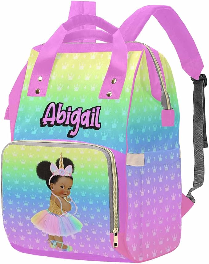 Personalized Name Diaper Baby Bag for Holiday Birthday Gift, Custom Multicolor Crown Mommy Nursing Backpack with Large Capacity Travel Daypack for Women Wife
