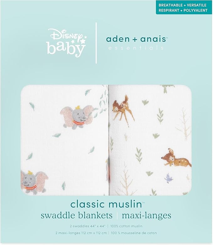 aden + anais Essentials Muslin Swaddle Blankets, Newborn Receiving Blanket for Swaddling, 100% Cotton Baby Swaddle Wrap, 2 Pack, Disney + Friends