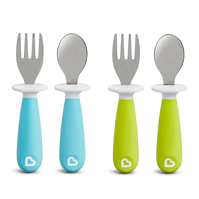 Munchkin® Raise??Toddler Fork and Spoon Utensil Set, Rest Keeps Tip Off Table, BPA Free, 4 Pack, Blue/Green