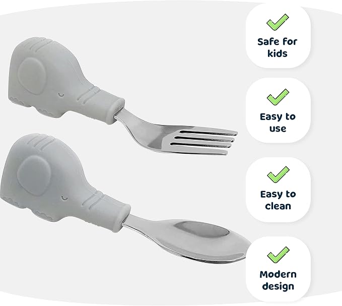Tiny Twinkle Easy Grip Toddler Utensils Spoon and Fork Set - BPA & Phthalate Free Utensil Sets, Kids Silverware With Silicone Handle, Baby Led Weaning Supplies for 12 Months & Up (Grey Elephant)
