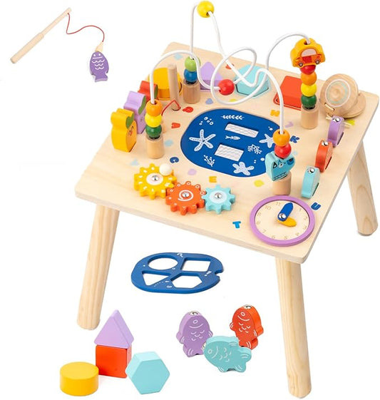 Busy edition Activity Table for 1 Year Old, 9 in 1 Wooden Montessori Toys, Baby Activity Table with Bead Maze Toys for Toddlers, Learning Sensory Development Play Table, 1 Year Old Boy Gifts