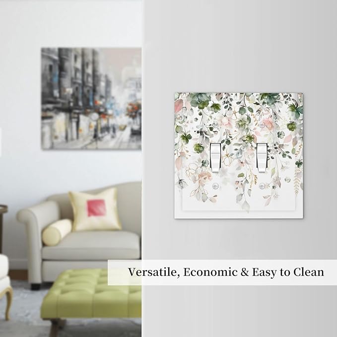 Green Pink Floral Flower Rustic Eucalyptus Leaves Wildflower Decorative Switch Plates 2 Gang Double Toggle Outlet Light Switch Cover Wall Plate Electrical Faceplate for Bedroom Living Room Decor