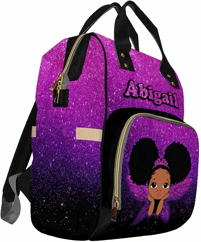 InterestPrint Personalized Backpack with Name Custom Angel Purple Glitter Diaper Bag Customized Shoulder Bag Nursing Bags Shoulder Bag Casual Daypack Bag for Sister Shopping Present