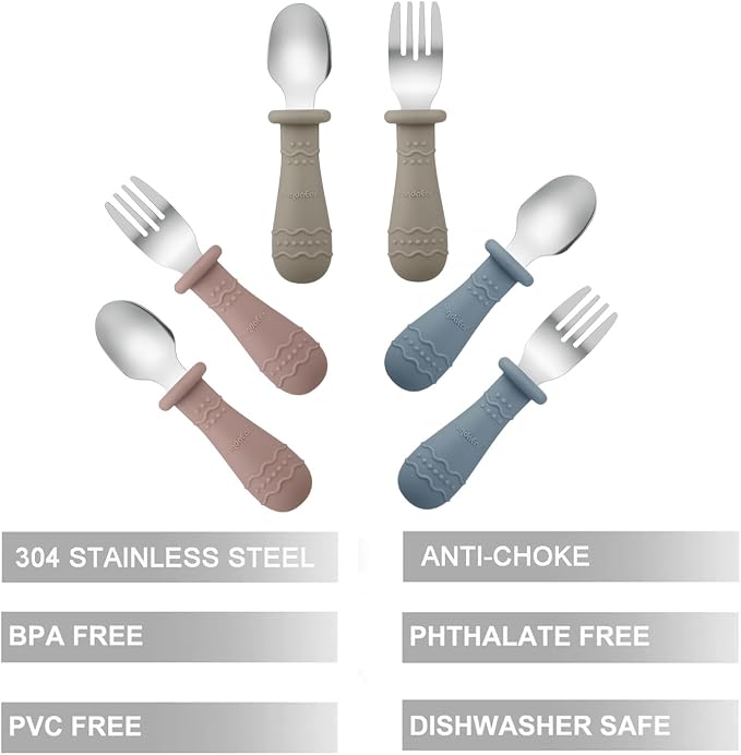 PandaEar Silicone Baby Spoons & Toddler Utensils (Blue/Brown/Red)
