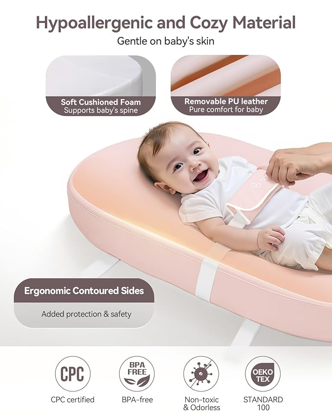 COMOMY Baby Changing Pad with Wipeable & Waterproof PU Cover, Contoured Diaper Changing Pad for Dresser with Non-Slip Safety Belt, Portable and Lightweight, Large Cushioned Foam, Pink