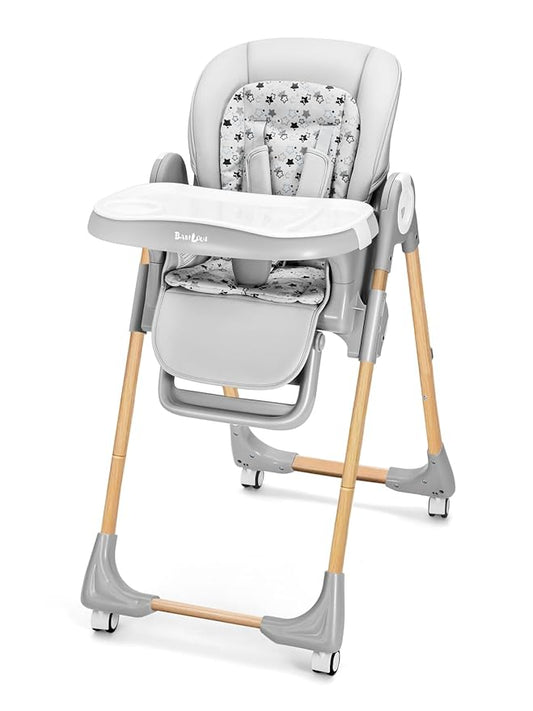 Babilous Foldable High Chair with Soft Cushion, High Chairs for Babies and Toddlers, Height Adjustable Feeding Chair, Adjustable Backrest and Footrest, Lockable Wheels, Woodgrain Star Gray
