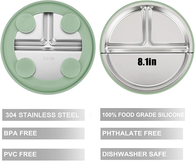 PandaEar 2 Pack Stainless Steel Baby Suction Plates & 2 Pack Spoons, Toddler Utensils Baby Feeding Set, Divided Plates for Baby Led Weaning Supplies, BPA-Free (Blue/Green)