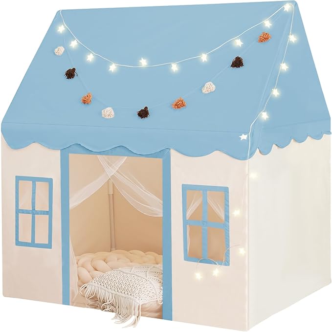 Play Tent with Mat, Star Light Large Kids Playhouse with Windows Easy to Wash, Indoor and Outdoor Play Tents for Kids, Little Dove Toys for Girls, Boys, 47x40x52 (Blue Playhouse, Large Size)