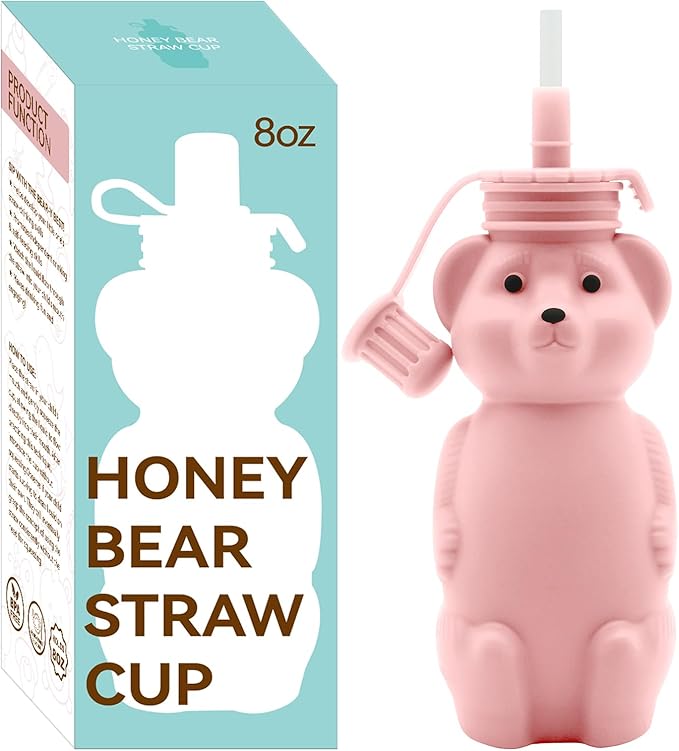 Mootikar Honey Bear Silicone Straw Cup, Babies Water Drinking Cup, 8-Ounce Therapy Sippy Bottles for Speech and Feeding Training, BPA Free & Dishwasher Safe (PINK)