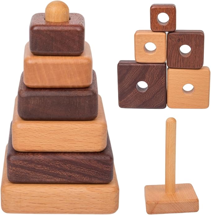 Adena Montessori Ring Log Wood Stacking Toy, Montessori Geometric Stacking Wooden Educational Toy for Babies, 12 Months and Up, Stacking Tower Toy for Babies (Square Type)