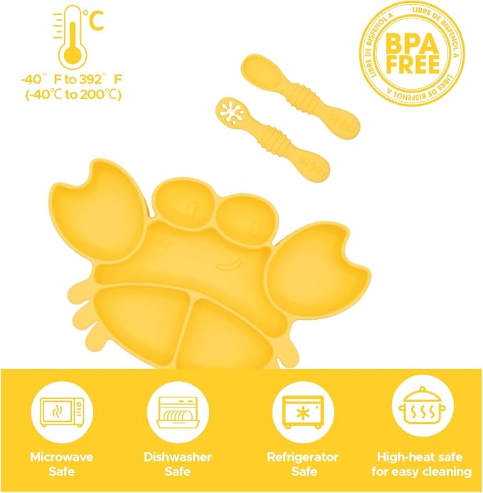 BabyX Silicone Feeding Set (3 PCs) Cove & Coast Series, Baby Plate with Suction Cup, Training Spoon and Fork, BLW Utensils for Toddler Kid, BPA-Free, Microwave/Dishwasher Safe - Yellow Crab