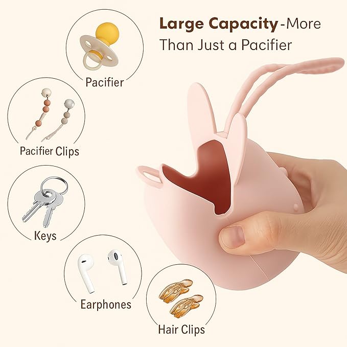 ROCCED Pacifier Holder Case Silicone Bunny Design Pacifiers Pouch with Soft Silicone Strap, Travel Storage for Stroller & Diaper Bag, Pacifier Holder Pouch for Baby, Set of 3 Beige Dusty Green Pink